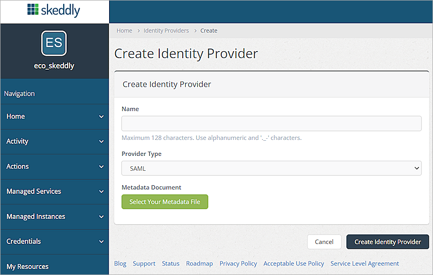 Create Identity Provider Page
